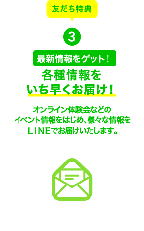 友だち特典3 最新情報をゲット！各種情報をいち早くお届け！オンライン体験会などのイベント情報をはじめ、様々な情報をＬＩＮＥでお届けいたします。