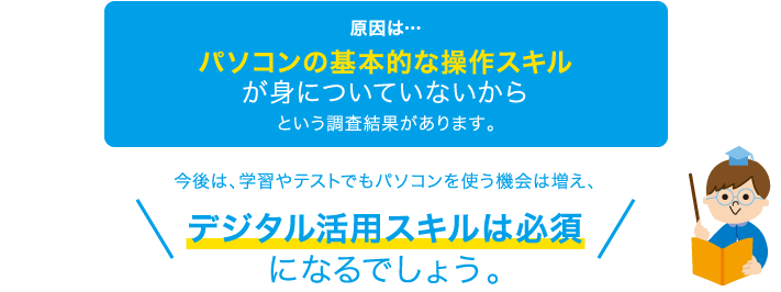 原因は…パソコンの基本的な操作スキルが身についていないからという調査結果があります。今後は、学習やテストでもパソコンを使う機会は増え、デジタル活用スキルは必須になるでしょう。