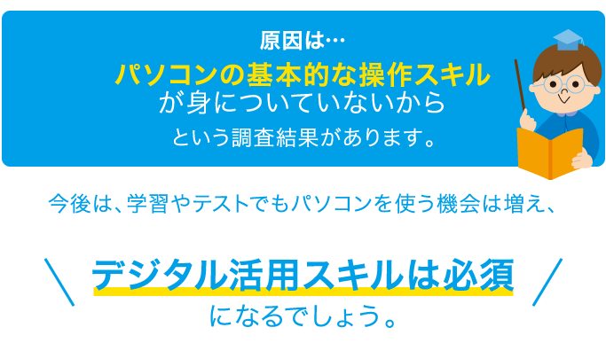 原因は…パソコンの基本的な操作スキルが身についていないからという調査結果があります。今後は、学習やテストでもパソコンを使う機会は増え、デジタル活用スキルは必須になるでしょう。