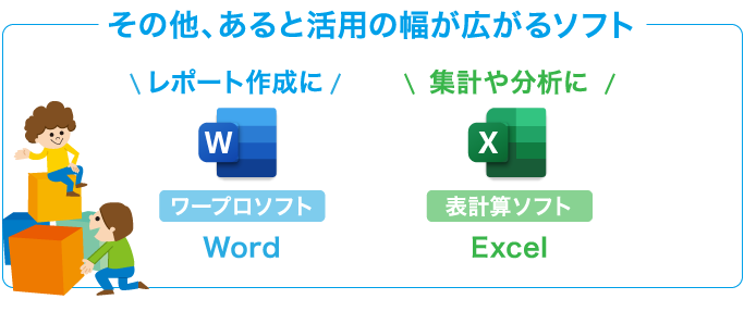 その他、あると活用の幅が広がるソフト レポート作成に ワープロソフト Word 集計や分析に 表計算ソフト Excel