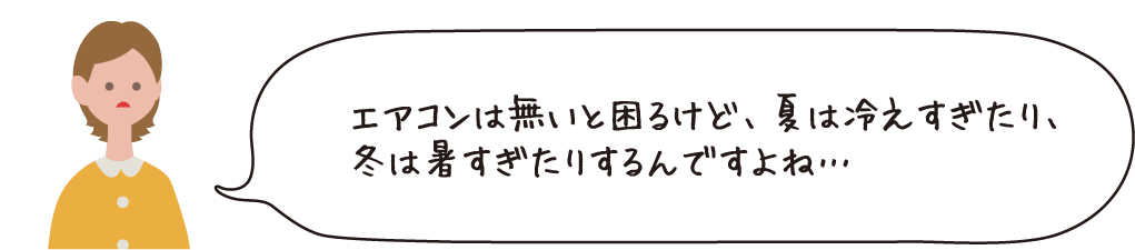 エアコンは無いと困るけど、夏は冷えすぎたり、冬は暑すぎたりするんですよね・・・