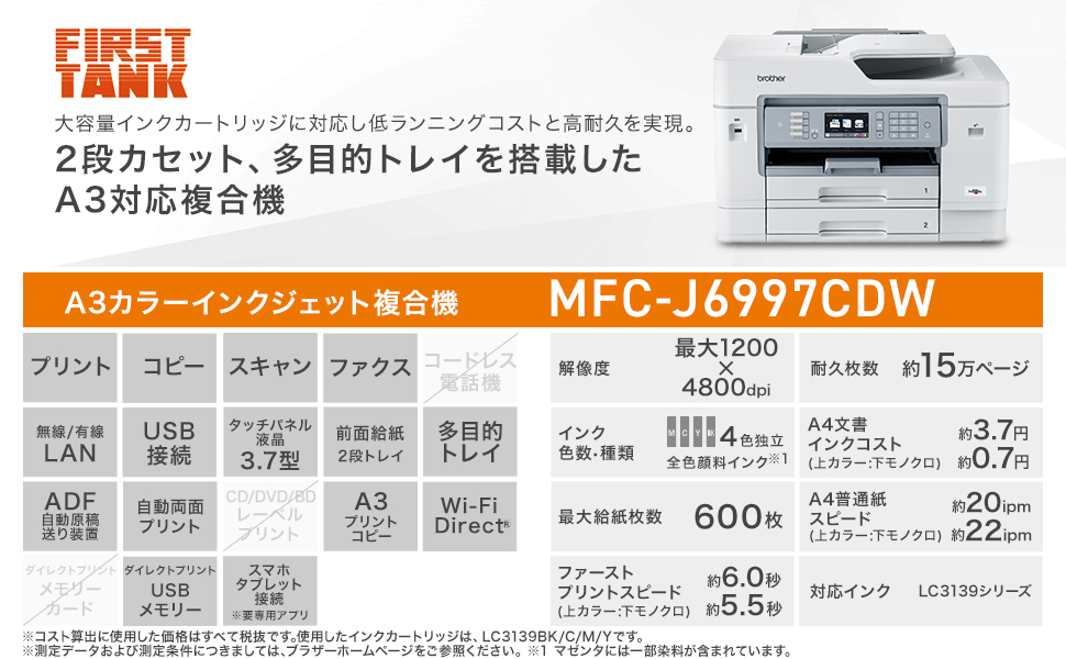最高の ブラザー MFC-J6983CDW A3インクジェット複合機 Wi-Fi FAX 自動両面 両面スキャン 2段トレイ 