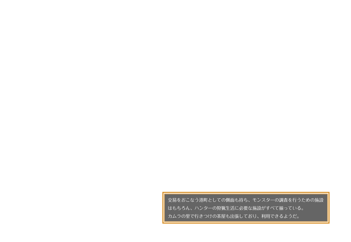 交易をおこなう港町としての側面も持ち、モンスターの調査を行うための施設はもちろん、ハンターの狩猟生活に必要な施設がすべて揃っている。 カムラの里で行きつけの茶屋も出張しており、利用できるようだ。