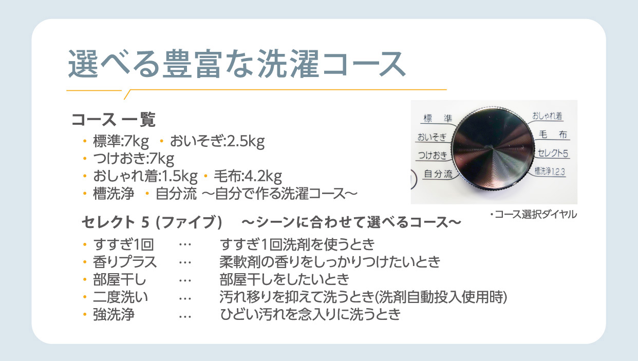 選べる豊富な洗濯コース コース一覧 標準:7kg ・ おいそぎ:2.5kg つけおき:7kg おしゃれ着:1.5kg 毛布:4.2kg 槽洗浄 自分流 ~自分で作る洗濯コース~ セレクト5 (ファイブ) ~シーンに合わせて選べるコース~ すすぎ1回 香りプラス 部屋干し 二度洗い 強洗浄