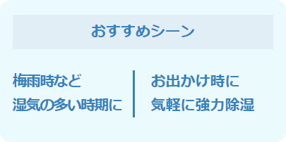 おすすめシーン 梅雨時期など湿気の多い時期に　お出かけ時に気軽に強力除湿