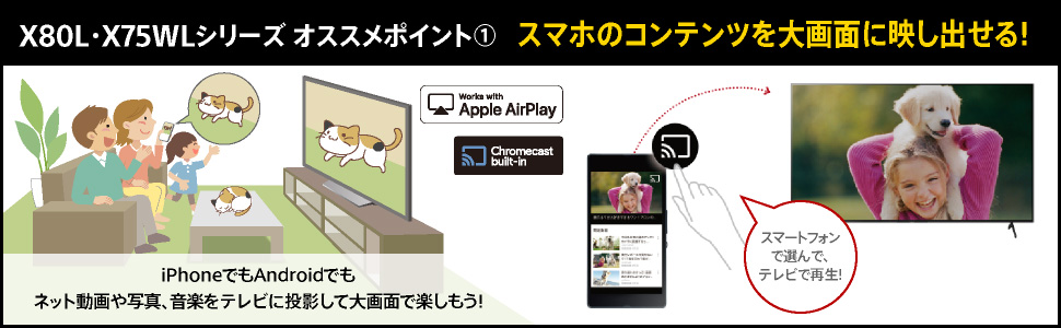 X80L・X75WLシリーズ オススメポイント1 スマホのコンテンツを大画面に映し出せる! iPhoneでもAndroidでもネット動画や写真、音楽をテレビに投影して大画面で楽しもう!スマートフォンで選んで、テレビで再生!