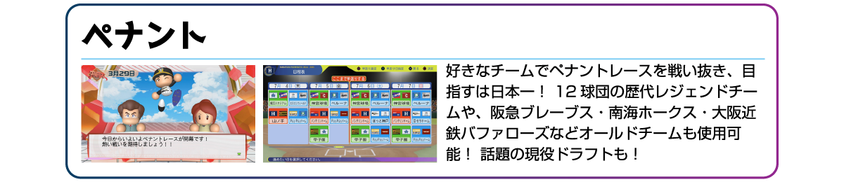 ペナント 好きなチームでペナントレースを戦い抜き、目指すは日本一!12球団の歴代レジェンドチームや、阪急ブレーブス・南海ホークス・大阪近鉄バファローズなどオールドチームも使用可能!話題の現役ドラフトも!