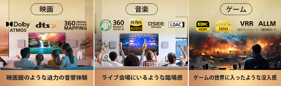 映画館のような迫力の音響体験 ライブ会場にいるような臨場感 ゲームの世界に入ったような没入感