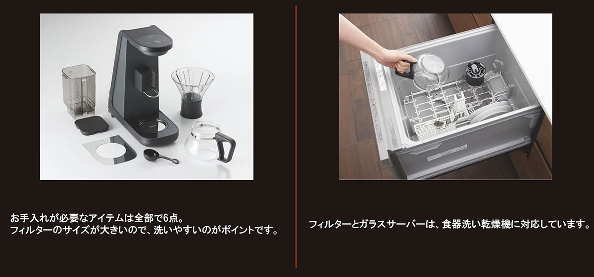 お手入れが必要なアイテムは全部で6点。フィルターのサイズが大きいので、洗いやすいのがポイントです。・フィルターとガラスサーバーは食器洗い乾燥機に対応しています。