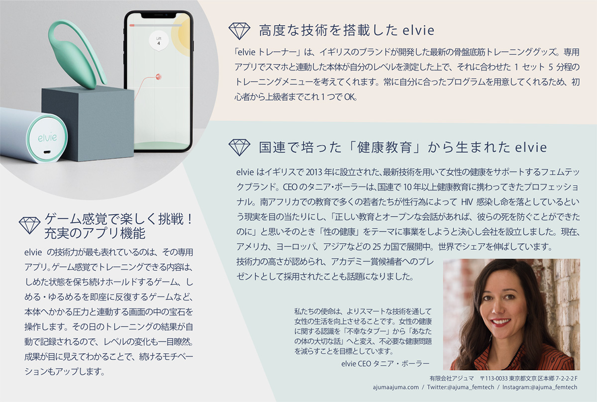 高度な技術を搭載したelvie 国連で培った「健康教育」から生まれたelvie ゲーム感覚で楽しく挑戦！充実のアプリ機能