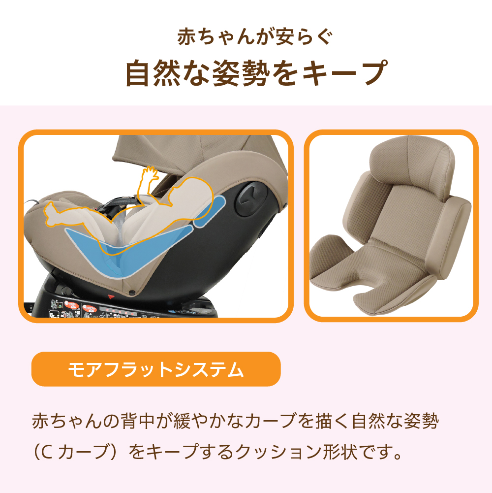 赤ちゃんが安らぐ自然な姿勢をキープ モアフラットシステム 赤ちゃんの背中が緩やかなカーブを描く自然な姿勢(Cカーブ)をキープするクッション形状です。