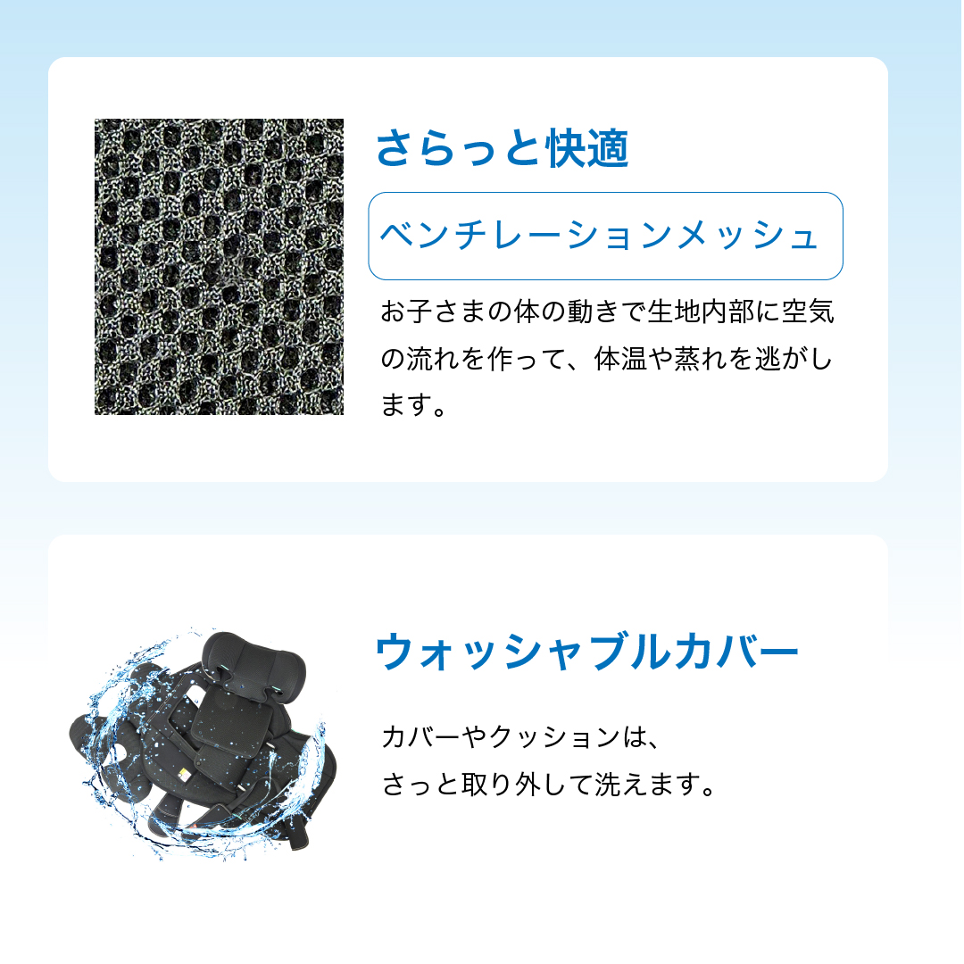さらっと快適 ベンチレーションメッシュ お子さまの体の動きで生地内部に空気の流れを作って、体温や蒸れを逃がします。ウォッシャブルカバー カバーやクッションは、さっと取り外して洗えます。