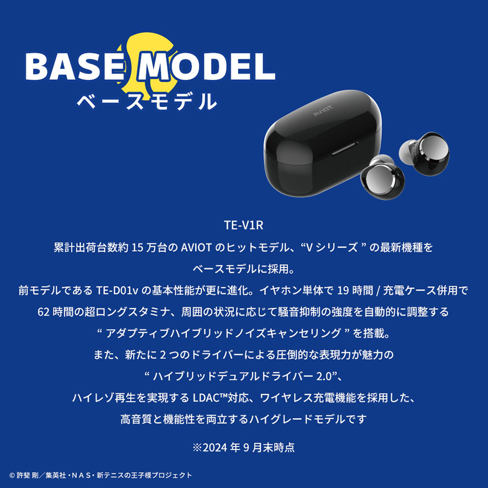 ベースモデル　TE-V1R 累計出荷台数約15万台のAVIOTのヒットモデル、「Vシリーズ」の最新機種をベースモデルに採用。前モデルである TE-D01vの基本性能がさらに進化。イヤホン単体で19時間/充電ケース併用で62時間の超ロングスタミナ、周囲の状況に応じて騒音抑制の強度を自動的に調整する「アダプティハイブリッドノイズキャンセリング」を搭載。また、新たに2つのドライバーによる圧倒的な表現力が魅力の「ハイブリッドデュアルドライバー 2.0」、ハイレゾ再生を実現するLDAC対応、ワイヤレス充電機能を採用した、高音質と機能性を両立するハイグレードモデルです。　2024年9月末時点