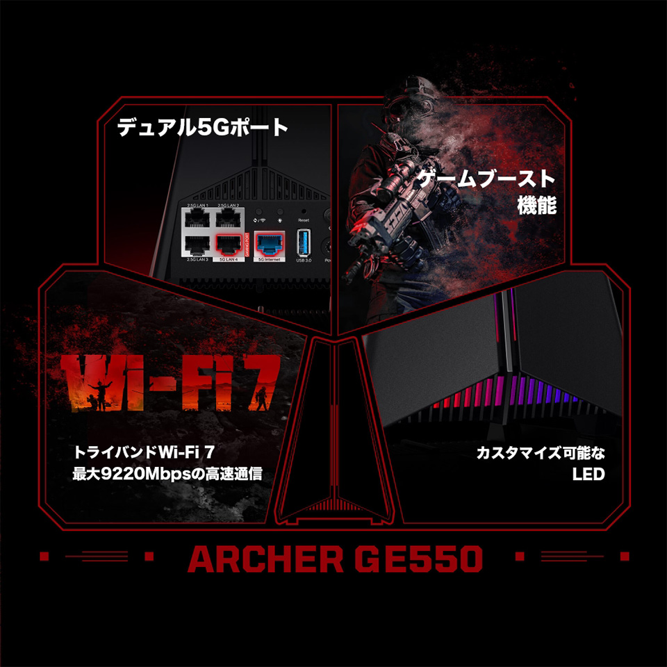 デュアル5Gポート　ゲームブースト機能　トライバンドWi-Fi7最大9220Mbpsの高速通信