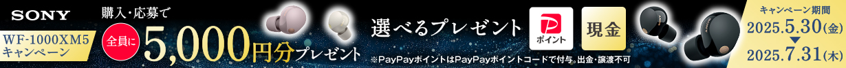 SONY 全員に5,000円分プレゼント！WF-1000XM5キャンペーン キャンペーン期間：2025年5月30日～2025年7月31日