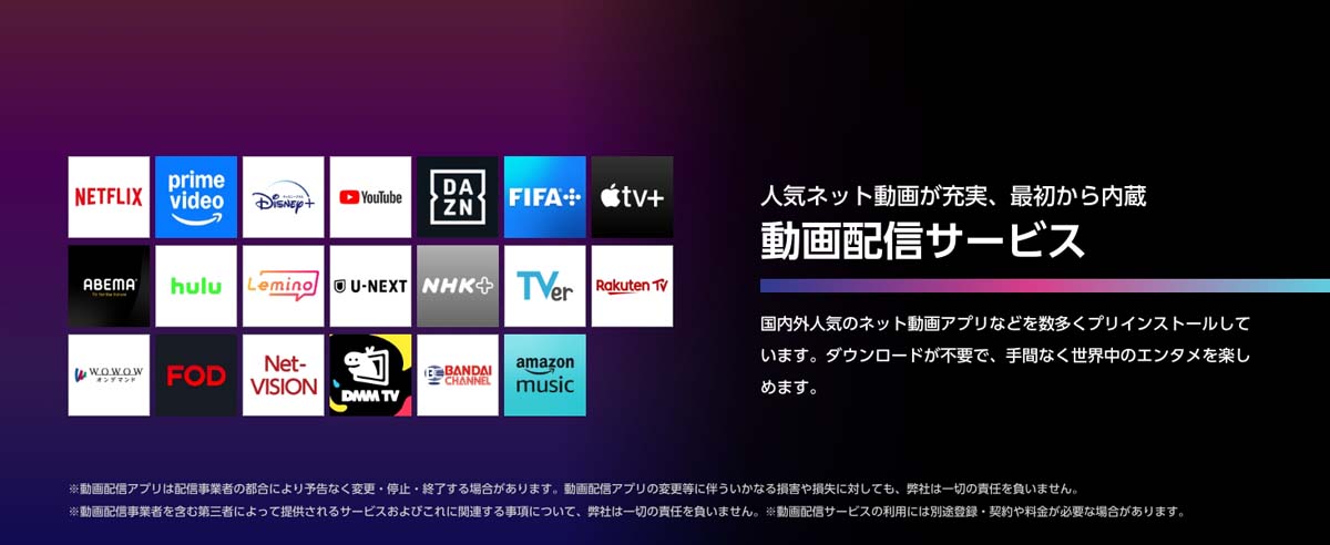 人気ネット動画が充実。最初から内蔵 動画配信サービス
