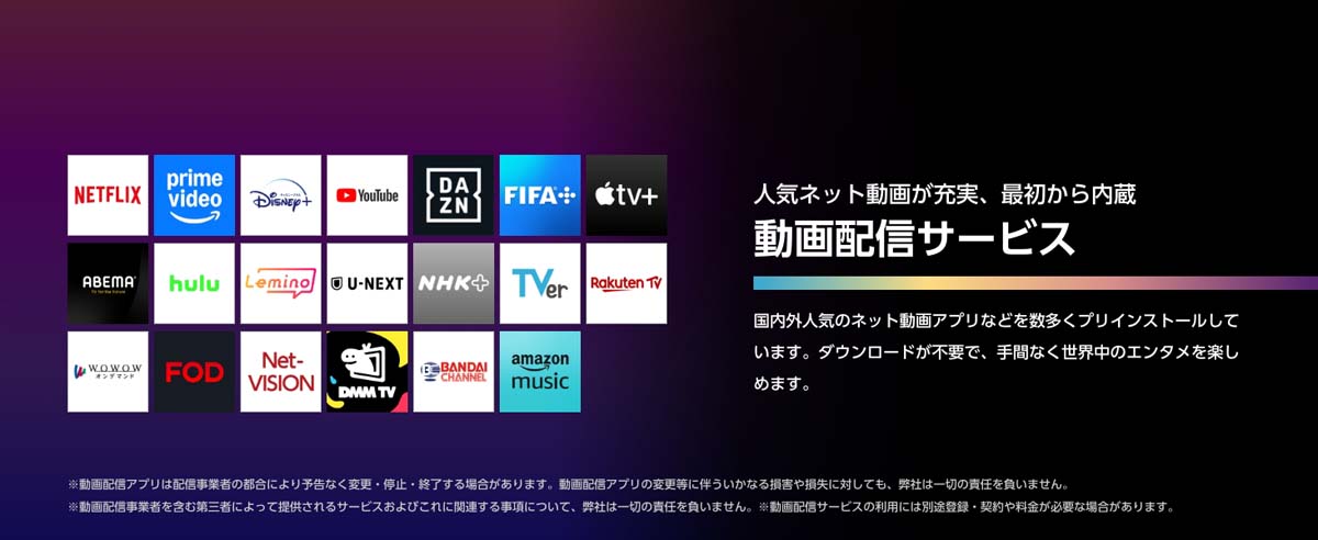 人気ネット動画が充実。最初から内蔵 動画配信サービス