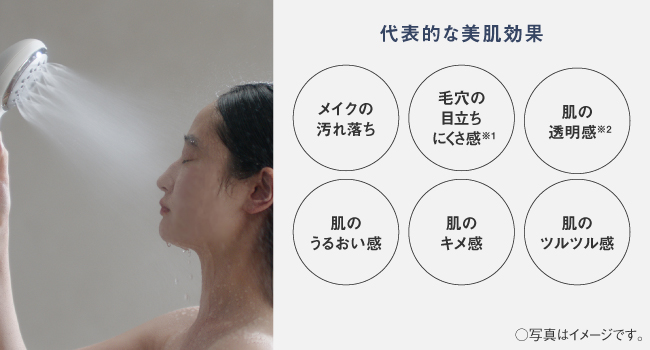 代表的な美肌効果 メイクの汚れ落ち 毛穴の目立ちにくさ感 肌の透明感 肌のうるおい感 肌のキメ感 肌のツルツル感