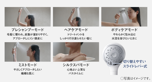 プレシャンプーモード、ヘアケアモード、ボディケアモード、ミストモード、シルクスパモード 切り替えやすいレバー式