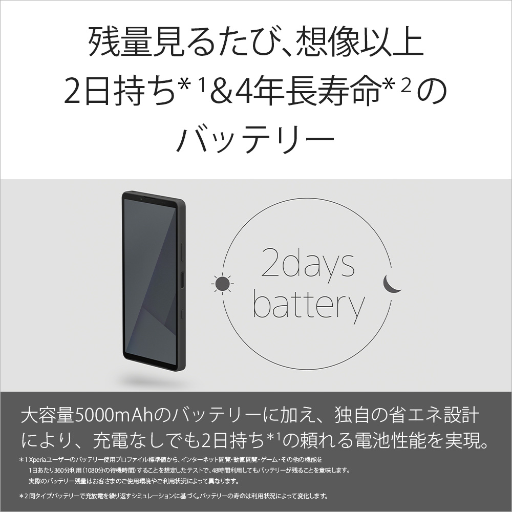 『残量見るたび、想像以上 2日持ち＊1&4年長寿命＊2のバッテリー』大容量5000mAhのバッテリーに加え、独自の省エネ設計により、充電なしでも2日持ち＊1の頼れる電池性能を実現。＊1Xperiaユーザーのバッテリー使用ファイル標準値から、インターネット閲覧・動画閲覧・ゲーム・その他の機能を1日あたり360分利用(1080分の待機時間)することを想定したテストで、48時間利用してもバッテリーが残ることを意味します。 実際のバッテリー残量はさまの使用環境やご利用状況によって異なります。＊2同タイプバッテリーで充放電を繰り返すシミュレーションに基づく。バッテリーの寿命は利用状況によって変化します。