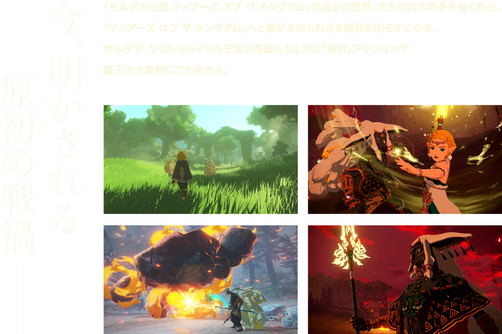 今、明かされる原初（はじまり）の戦禍ー　『ゼルダの伝説 ティアーズ オブ ザ キングダム』の過去の世界、太古の封印戦争を描く作品。「ティアーズ オブ ザ キングダム」へと繋がる知られざる物語が明らかになる。ゼルダや、ラウルらハイラル王国の英雄たちと共に「無双」アクションで魔王の大軍勢に立ち向かえ。