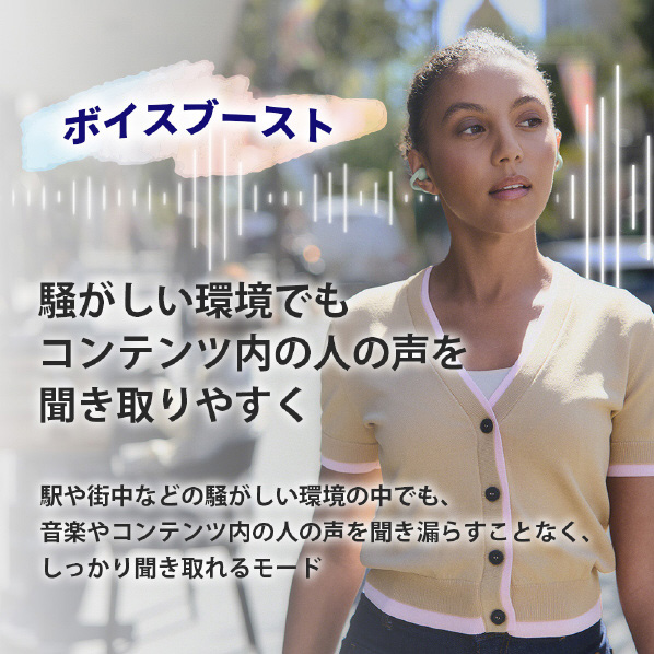 リスニングモード ボイスブースト 騒がしい環境でもコンテンツ内の人の声を聞き取りやすく