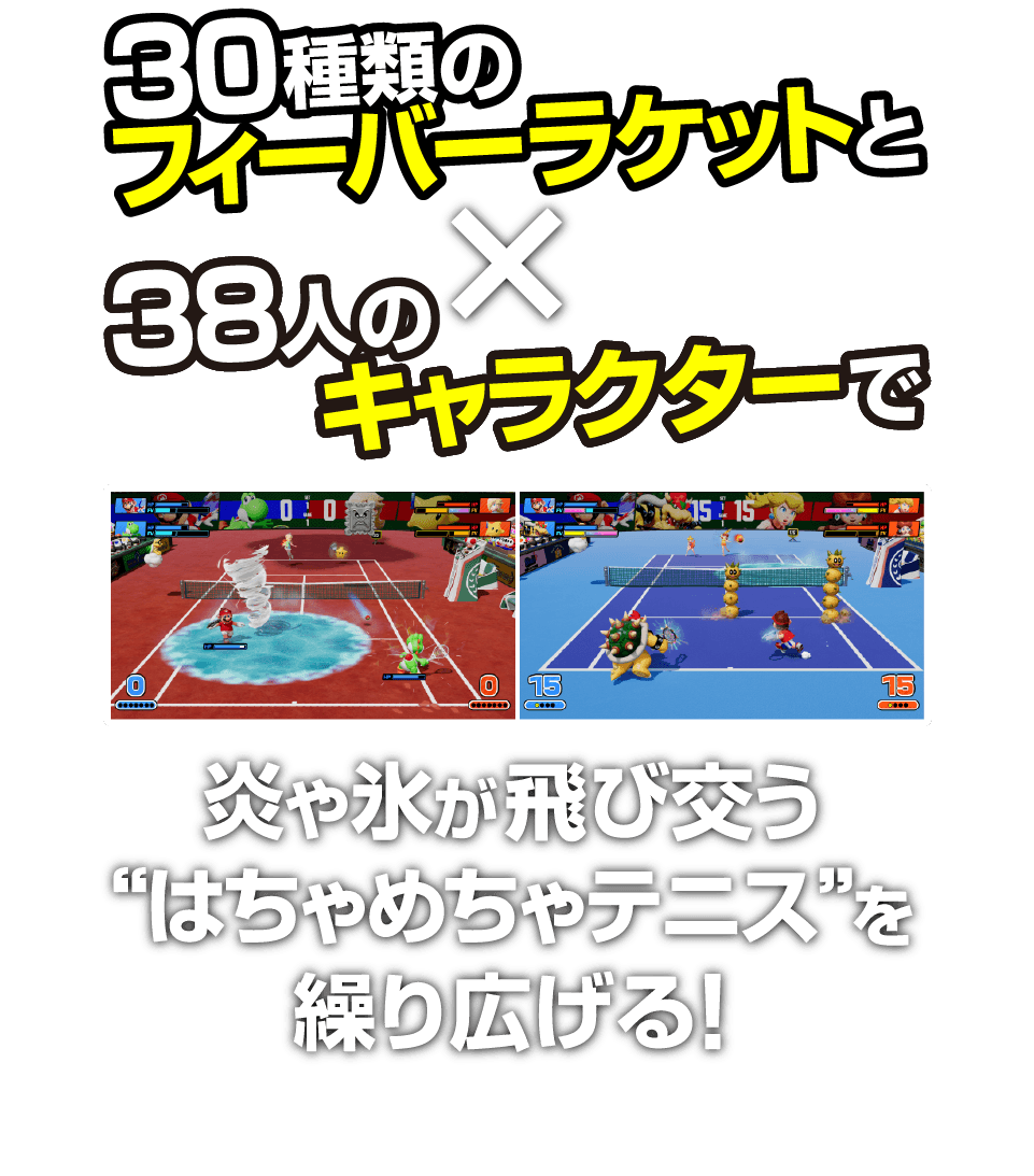 30種類のフィーバーラケットと38人のキャラクターで 炎や氷が飛び交う「はちゃめちゃテニス」を繰り広げる！
