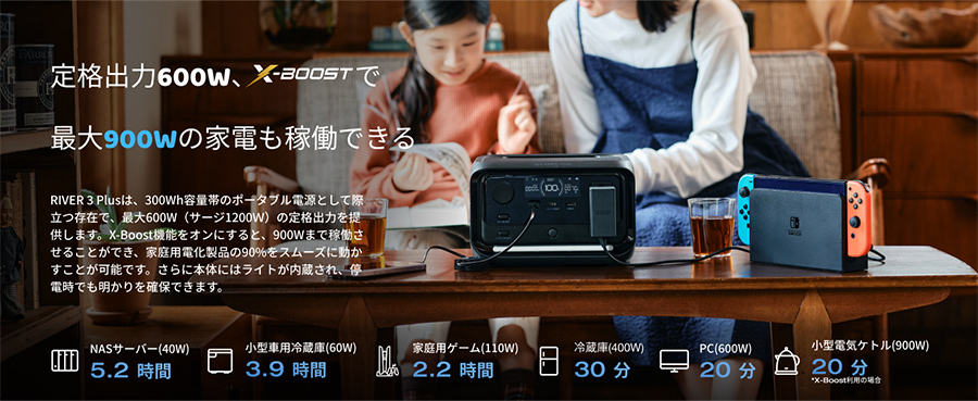 定格出力600W、X-boostで最大900Wの家電も稼働できる