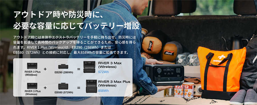 アウトドア時や防災時に、必要な容量に応じてバッテリー増設