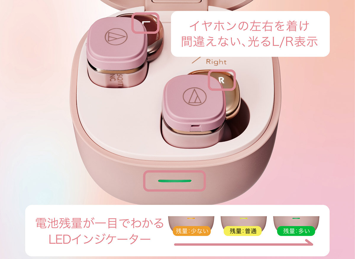 イヤホンの左右を着け間違えない、光るL/R表示
