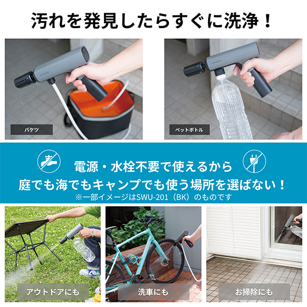 汚れを発見したらすぐに洗浄！ 電源・水栓不要で使えるから庭でも海でもキャンプでも使う場所を選ばない！