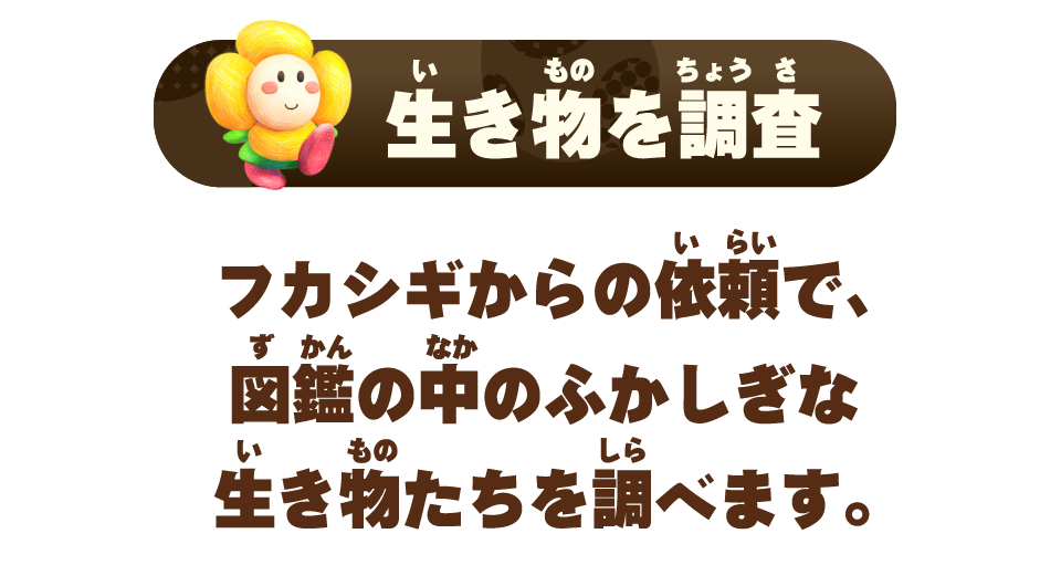 生き物を調査 フカシギからの依頼で、図鑑の中のふかしぎな生き物たちを調べます。