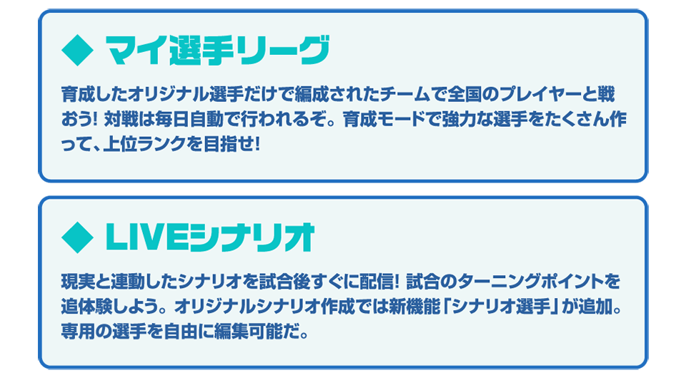 ◆マイ選手リーグ 育成したオリジナル選手だけで編成されたチームで全国のプレイヤーと戦おう！対戦は毎日自動で行われるぞ。育成モードで強力な選手をたくさん作って、上位ランクを目指せ！ ◆LIVEシナリオ 現実と連動したシナリオを試合終了後に配信！試合のターンニングポイントを追体験しよう。オリジナルシナリオ作成では新機能「シナリオ選手」が追加。専用の選手を自由に編集可能だ。