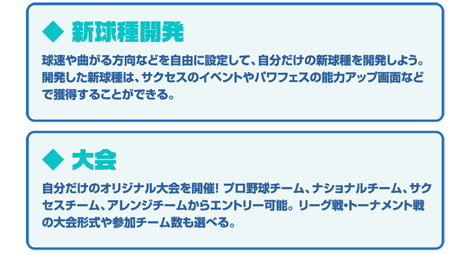 ◆新球種開発 球種や曲がる方向などを自由に設定して、自分だけの新球種を開発しよう。開発した新球種は、サクセスのイベントやパワフェスの能力アップ画面などで獲得することができる。◆大会 自分だけのオリジナル大会を開催！プロ野球チーム、ナショナルチーム、サクセスチーム、アレンジチームからエントリー可能。リーグ戦・トーナメント戦の大会形式や参加チーム数も選べる。