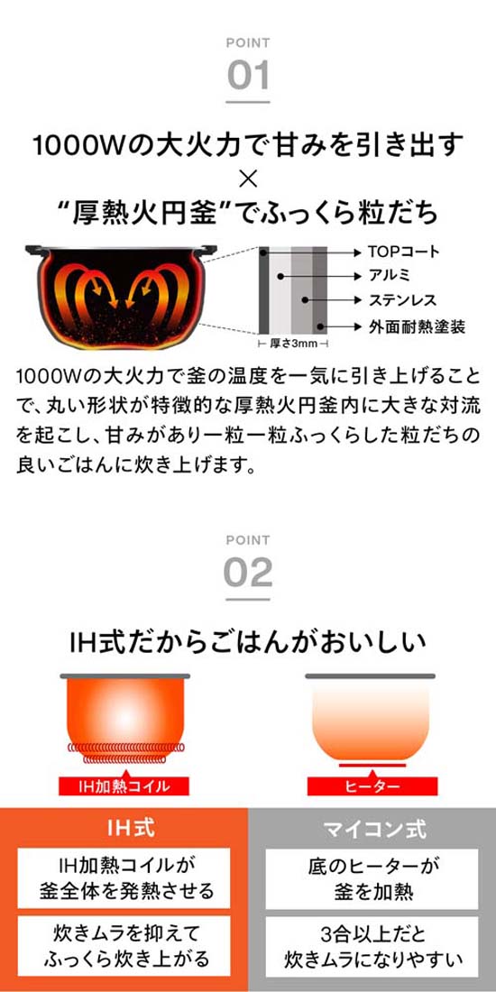 1000Wの大火力で甘みを引き出す IH式だからごはんがおいしい