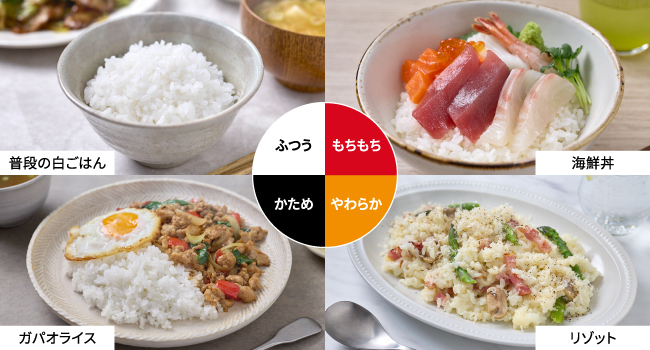 4つの食感炊き分け(ふつう・もちもち・かため・やわらか)と対応する料理例(普段の白ごはん、海鮮丼、ガパオライス、リゾット)。