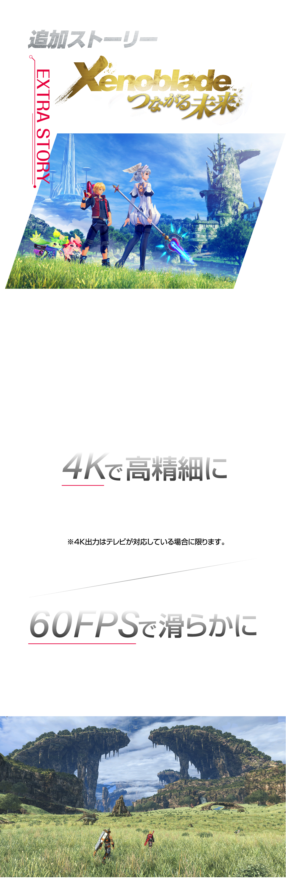 追加ストーリーXenoblade つながる未来 つながる物語 本作では、本編のその後に当たるストーリーを新たに追加。とあるきっかけから、シュルクとメリアは巨神界の新たな土地に降り立つ。　４Kで高精細に。解像度が向上し、TVモードでは4K、携帯モードでは1080ｐに対応。　60FPSで滑らかに。「フレームレート」が向上し、60fpsに対応。イベントシーンも、巨大な敵との戦闘も、滑らかに。