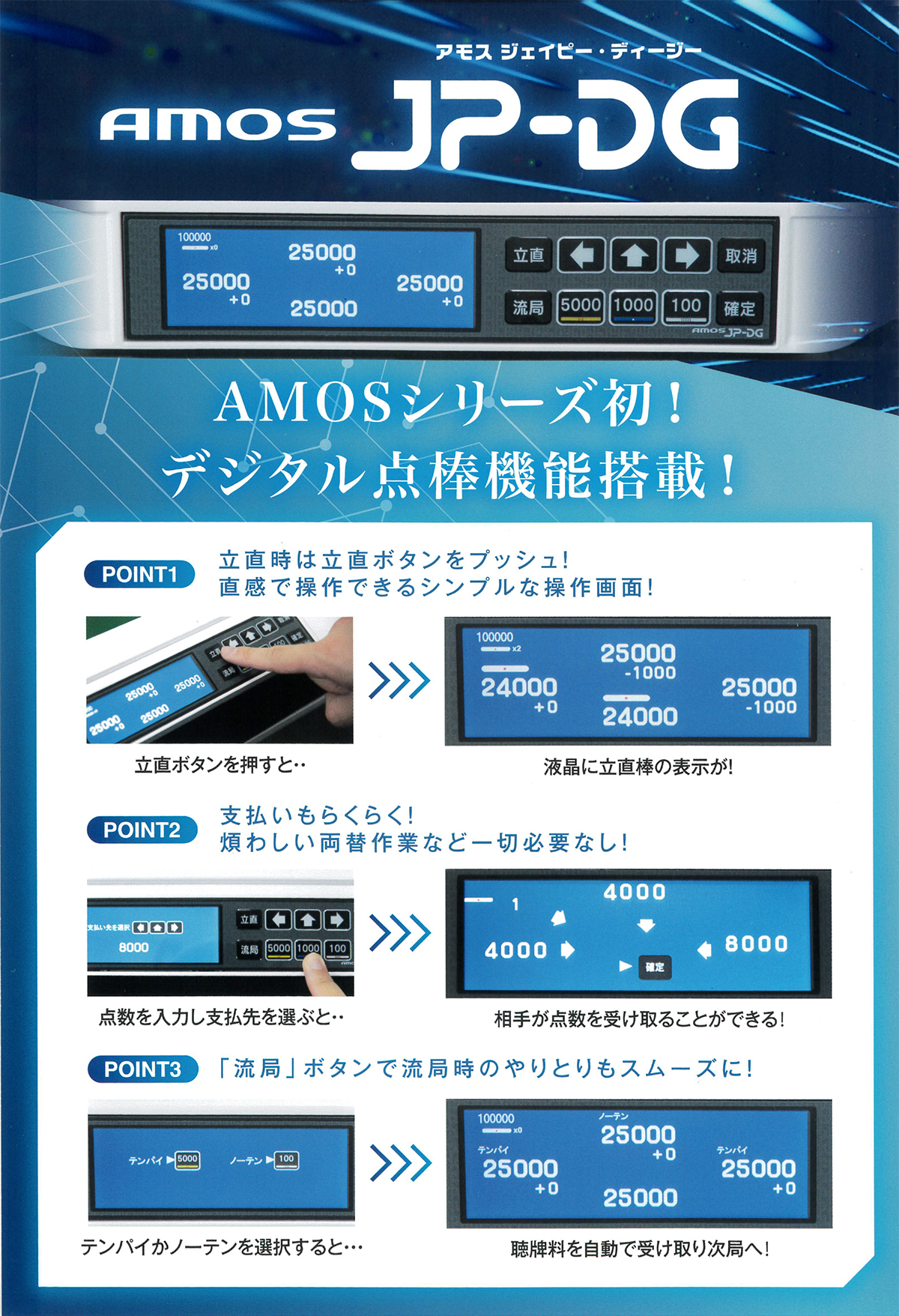 モス ジェイピー・ディージー AMOS JP-DG AMOSシリーズ初!デジタル点棒機能搭載! POINT1:立直時は立直ボタンをプッシュ!直感で操作できるシンプルな操作画面! 立直ボタンを押すと液晶に立直棒の表示が! POINT2:支払いもらくらく!煩わしい両替作業など一切必要なし! 点数を入力し支払先を選ぶと相手が点数を受け取ることができる! POINT3:「流局」ボタンで流局時のやり取りもスムーズに! テンパイかノーテンを選択すると聴牌料を自動で受け取り次局へ!