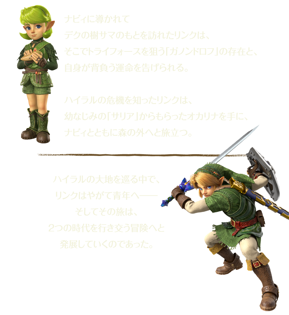 ナビィに導かれてデクの樹サマのもとを訪れたリンクは、そこでトライフォースを狙う「ガノンドロフ」の存在と、自身が背負う運命を告げられる。 ハイラルの危機を知ったリンクは、幼なじみの「サリア」からもらったオカリナを手に、ナビィとともに森の外へと旅立つ。 ハイラルの大地を巡る中で、リンクはやがて青年へ―――そしてその旅は、2つの時代を行き交う冒険へと発展していくのであった。