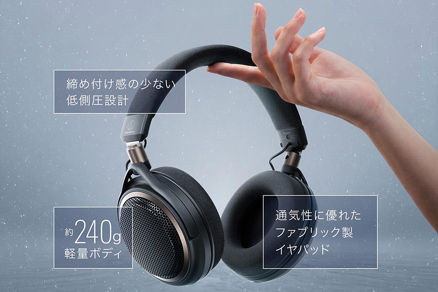 締め付け感の少ない低側圧設計 約240g軽量ボディ 通気性に優れたファブリック製イヤパッド