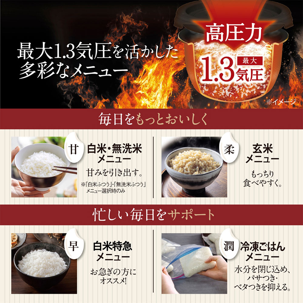 最大1.3気圧を活かした多彩なメニュー 白米・無洗米メニュー：甘みを引き出す。 玄米メニュー：もっちり食べやすく。 白米特急メニュー：お急ぎの方におススメ！ 冷凍ご飯メニュー：水分を閉じ込め、パサつき・ベタつきを抑える。