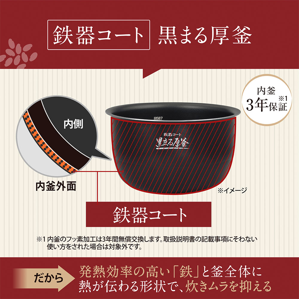 鉄器コート 黒まる厚釜 発熱効率の高い「鉄」と釜全体に熱が伝わる形状で、炊きムラを抑える