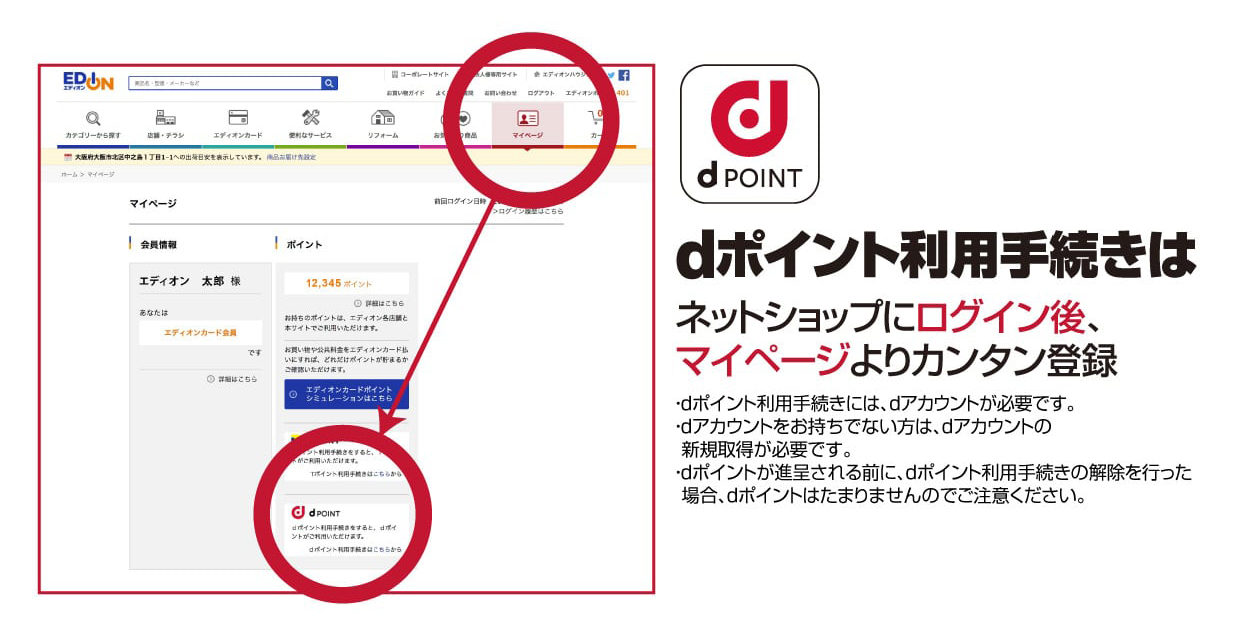 dポイント利用手続きはネットショップにログイン後、マイページよりカンタン登録