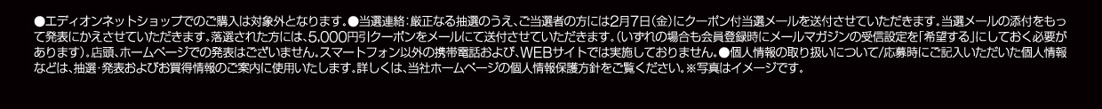 ●エディオンネットショップでのご購入は対象外となります。●当選連絡：厳正なる抽選のうえ、ご当選者の方には2月7日（金）にクーポン当選メールを送付させていただきます。当選メールの添付をもって発表にかえさせていただきます。落選された方には、5,000円引クーポンをメールにて送付させていただきます。（いずれの場合も会員登録時にメールマガジンの受信設定を「希望する」にしておく必要があります）。店頭、ホームページでの発表はございません。スマートフォン以外の携帯電話および、WEBサイトでは実施しておりません。●個人情報の取り扱いについて/応募時にご記入いただいた個人情報などは、抽選・発表およびお買得情報のご案内に使用いたします。詳しくは、当社ホームページの個人情報保護方針をご覧ください。※写真はイメージです。