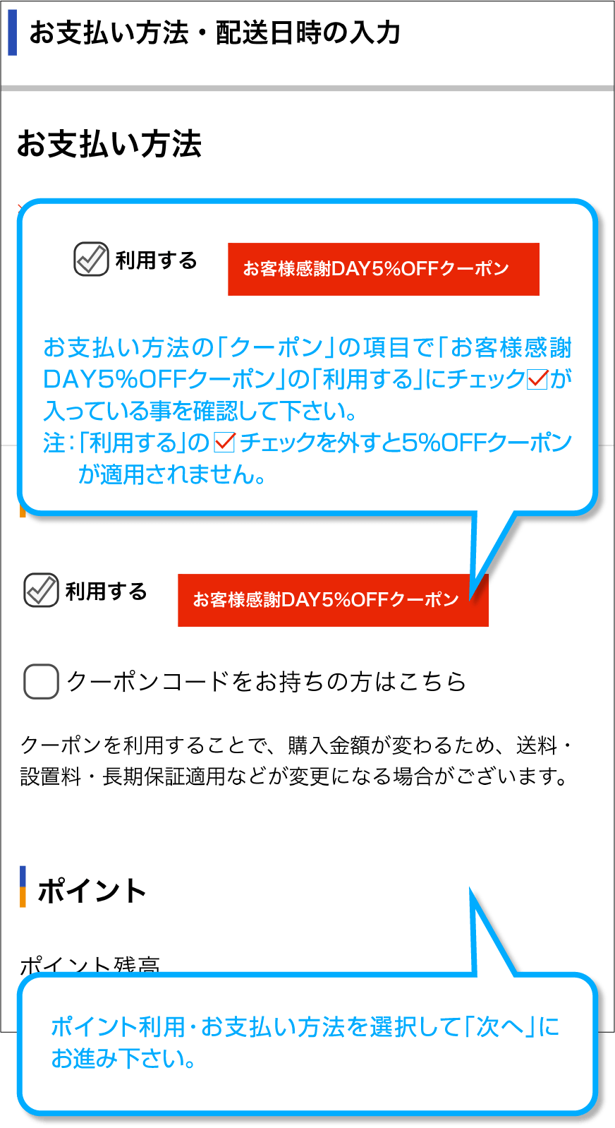 お支払い方法の「クーポン」の項目で「お客様感謝DAY5％OFFクーポン」の「利用する」にチェックが入っている事を確認して下さい。(注：「利用する」のチェックを外すと5％OFFクーポンが適用されません。)ポイント利用・お支払い方法を選択して「次へ」にお進み下さい。