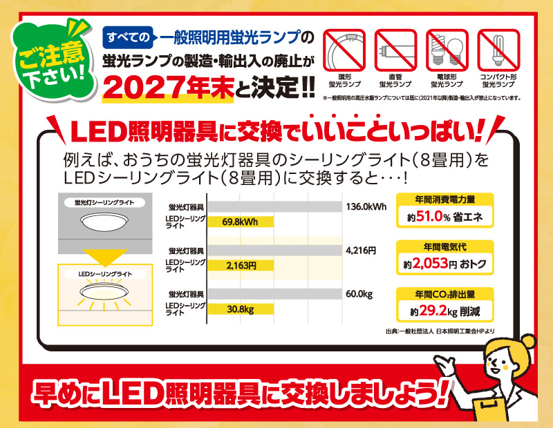 ご注意ください！すべての一般照明用蛍光ランプの蛍光ランプの製造・輸出入の廃止が2027年末と決定！LED照明器具に交換でいいこといっぱい！早めにLED照明器具に交換しましょう！