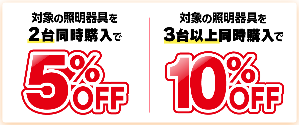 対象メーカー照明器具を2台同時購入で5％OFF、対象メーカー照明器具を3台以上同時購入で10％OFF