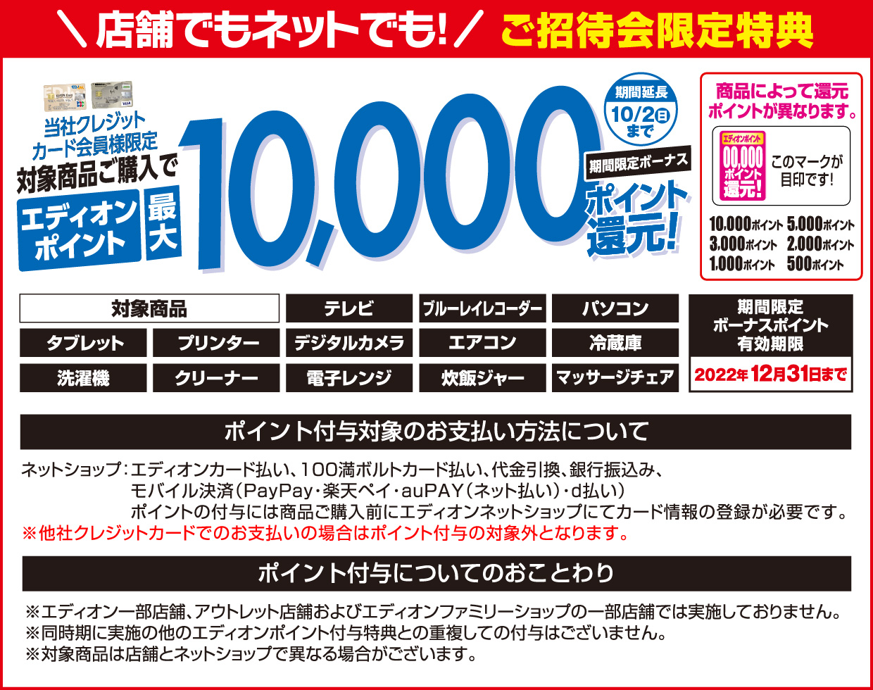 期間限定ボーナス「エディオンカード会員様限定」対象商品ご購入でエディオンポイント最大10,000ポイント還元！