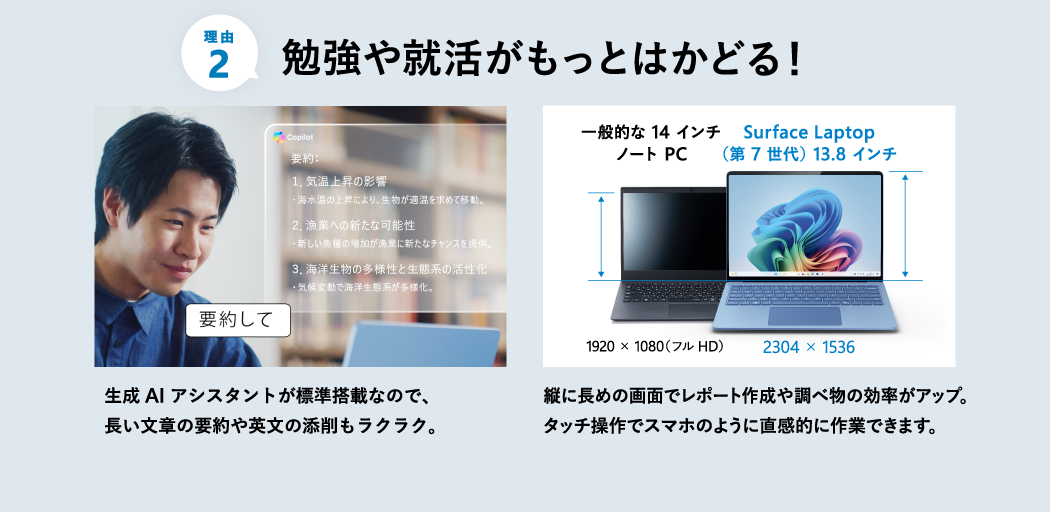 勉強や就活がもっとはかどる高品質カメラとマイク搭載で、オンライン授業や面接も快適にできます。3:2 の縦長画面で、 Web ページやレポート等をより多く表示できます。