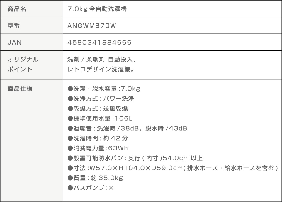 ANGWMB70W 商品詳細